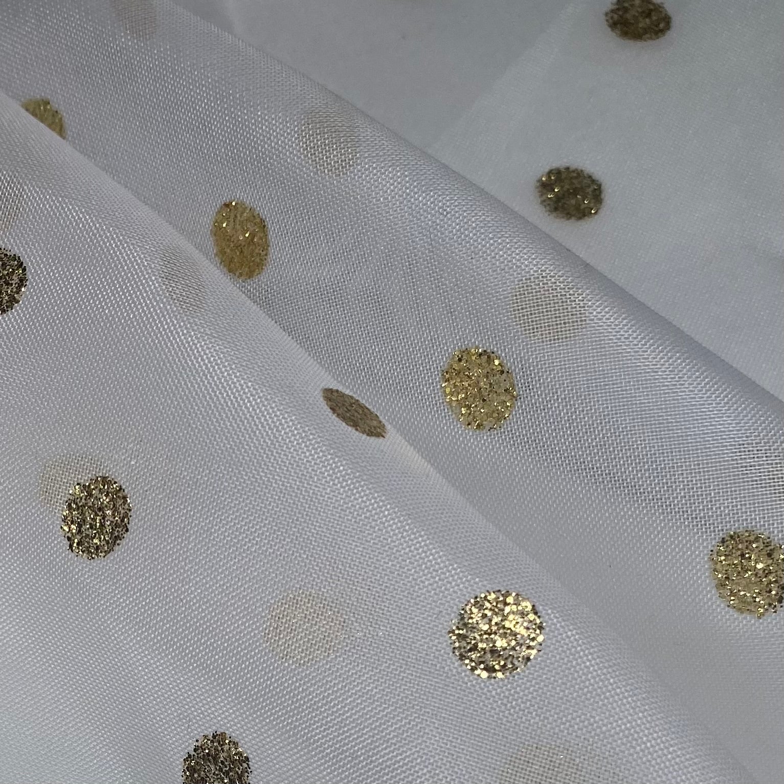Glitter Polka Dot Polyester Organza - 59” - White/Gold