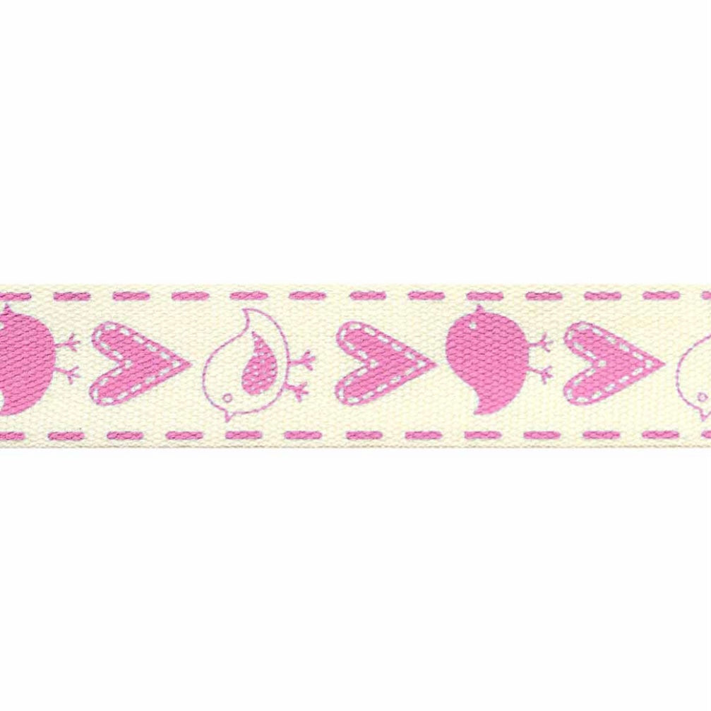 Printed Cotton Trim - Birds & Hearts - 15mm x 5m - White/Pink