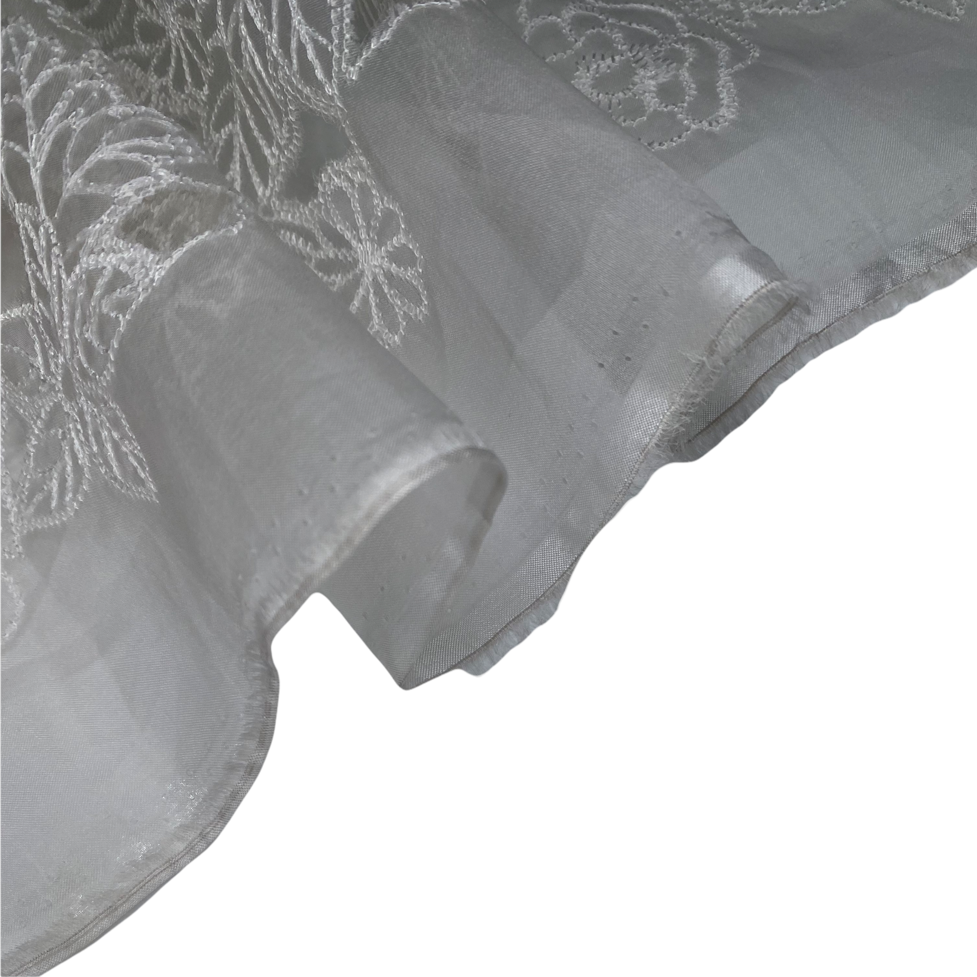 Embroidered Laser Cut Silk Organza  - Floral - White