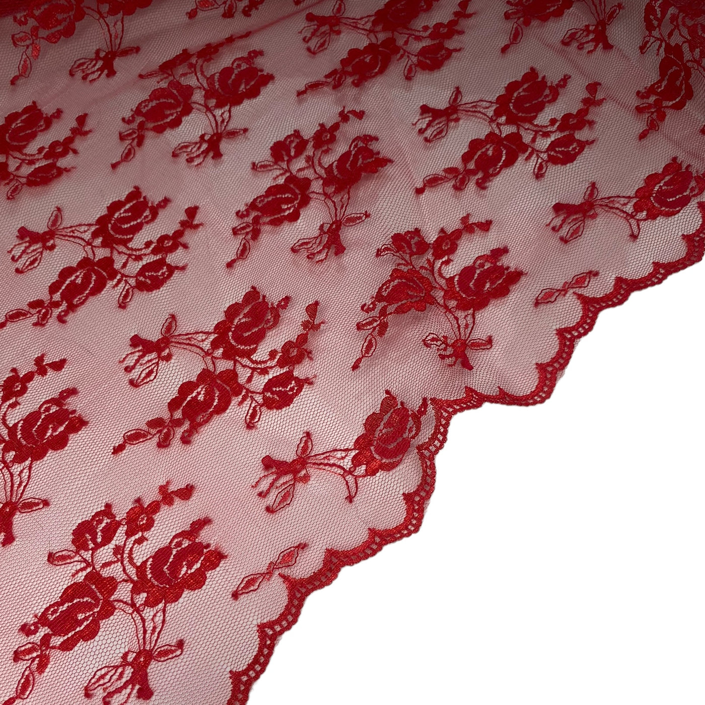 Floral Embroidered Lace with Finished Edges - Red