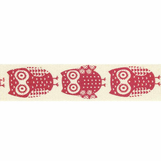 Printed Cotton Trim - Owls - 15mm x 5m - White/Red