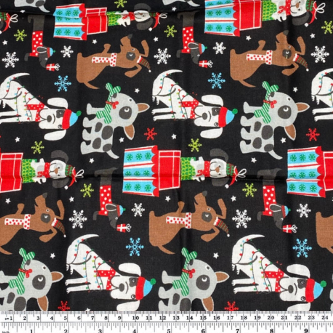 Quilting Cotton - Dogs Christmas - Black - Remnant