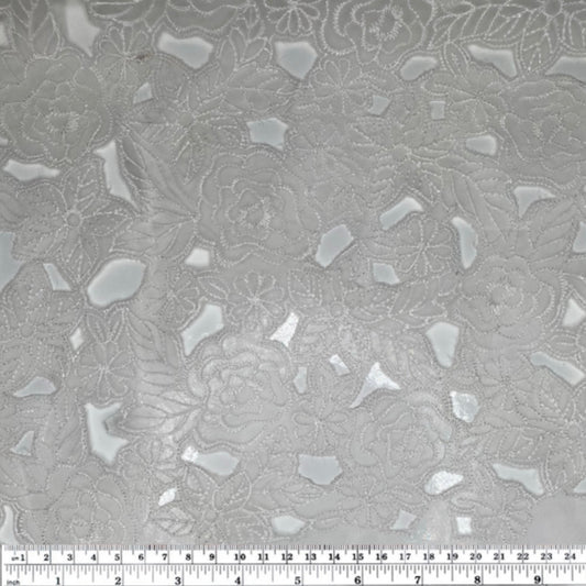 Embroidered Laser Cut Silk Organza  - Floral - White