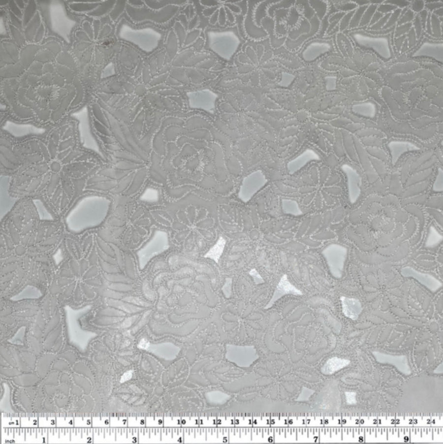 Embroidered Laser Cut Silk Organza  - Floral - White