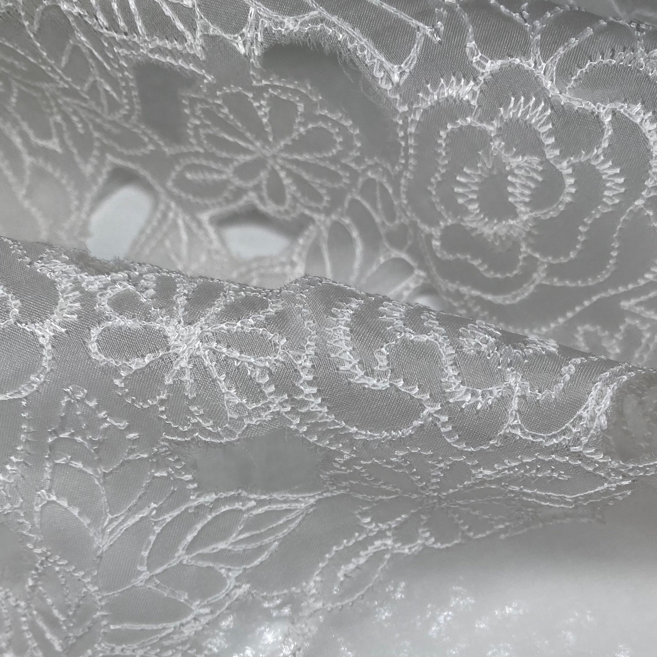 Embroidered Laser Cut Silk Organza  - Floral - White
