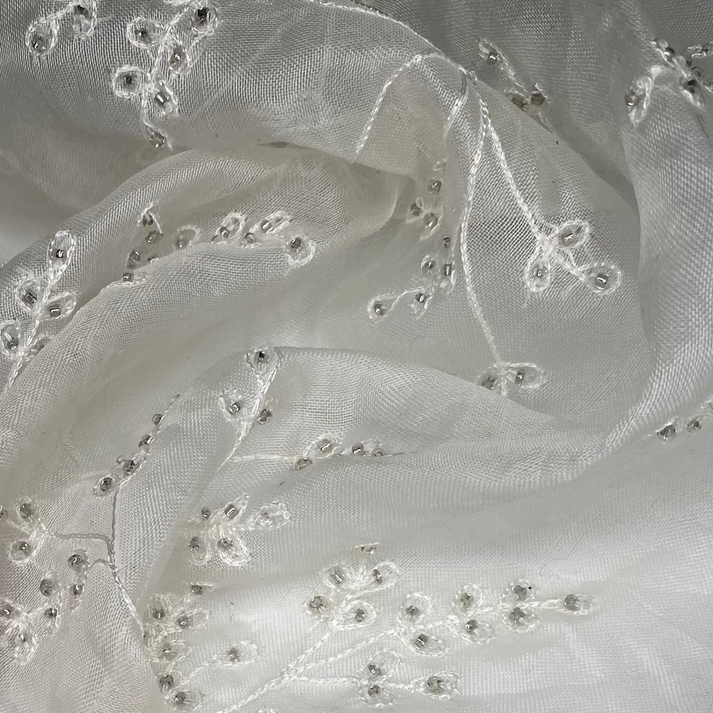 Embroidered Beaded Silk Organza - White