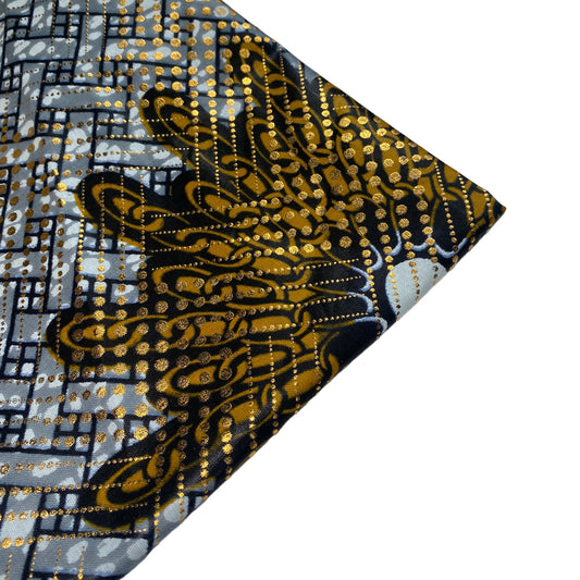 Waxed African Printed Cotton - Metallic Gold - Multi-Colour / Grey