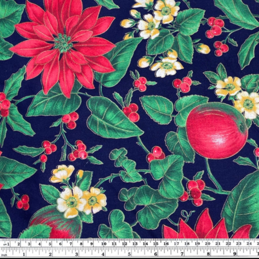 Printed Cotton - Poinsettia - Navy