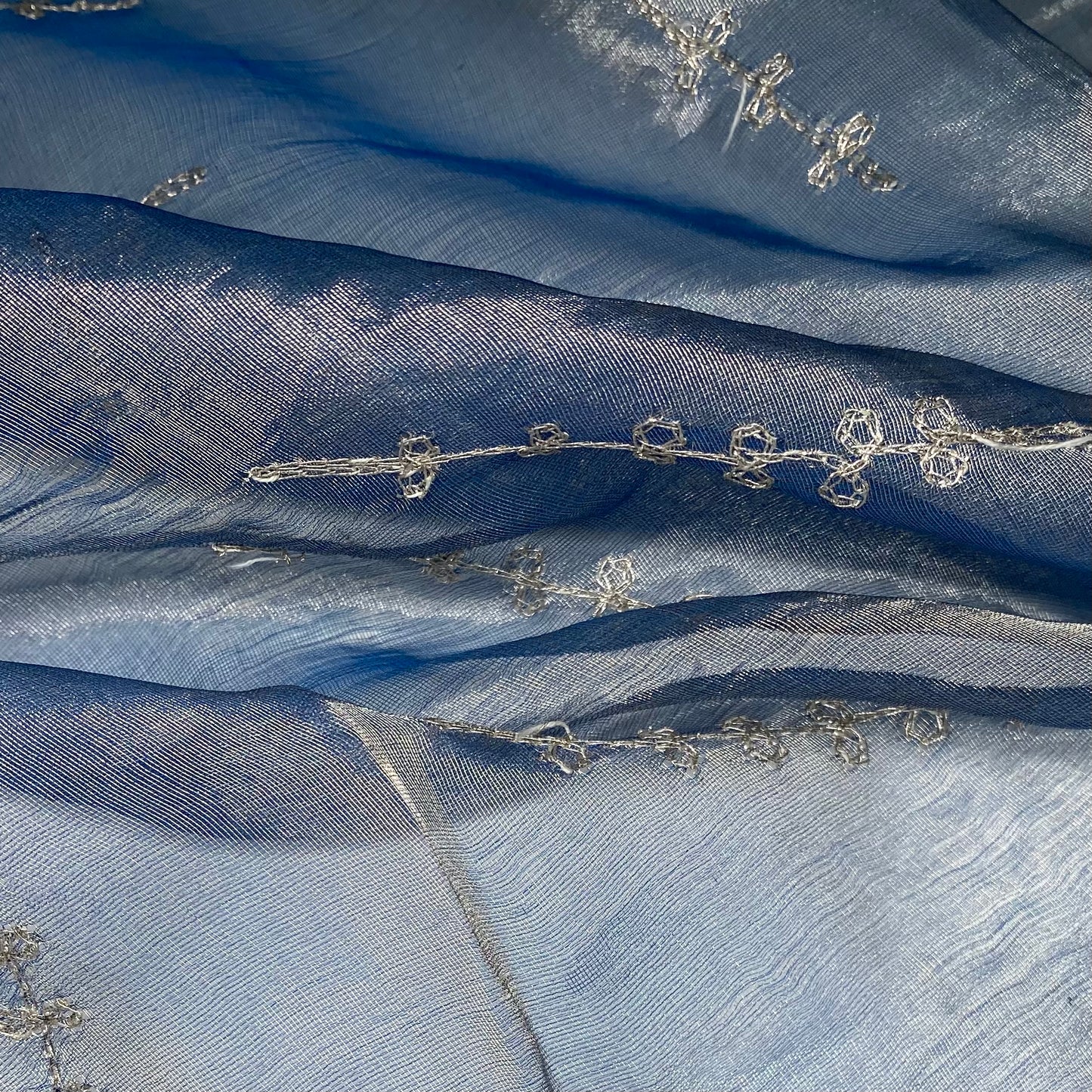 Shot Embroidered Silk Organza - 44” - Blue/Silver