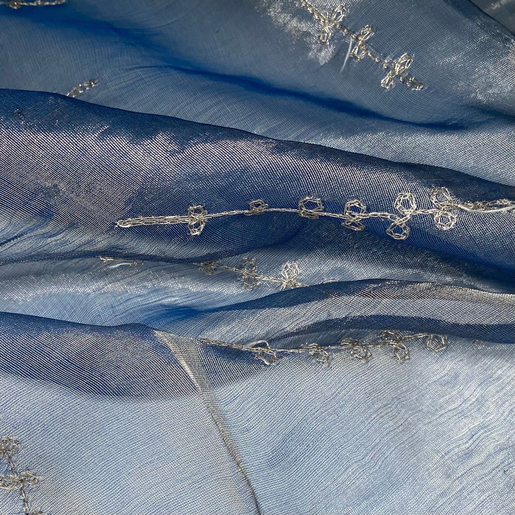 Shot Embroidered Silk Organza - Blue/Silver