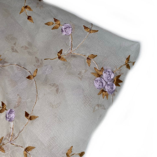 Embroidered Silk Organza - 42” - Off White/Purple/Brown
