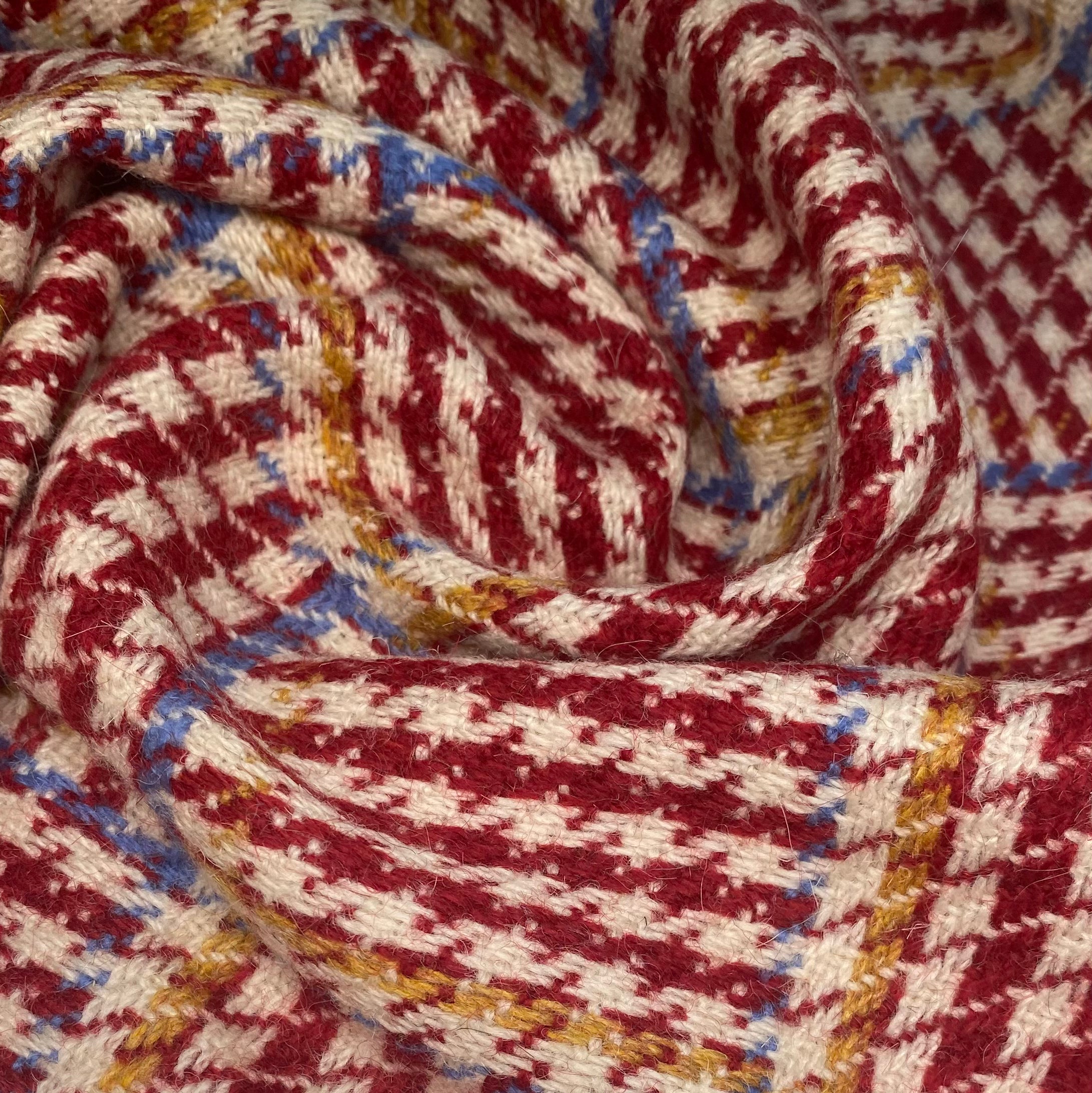 Houndstooth Plaid Wool Coating- Red/Cream/Light Blue/Yellow