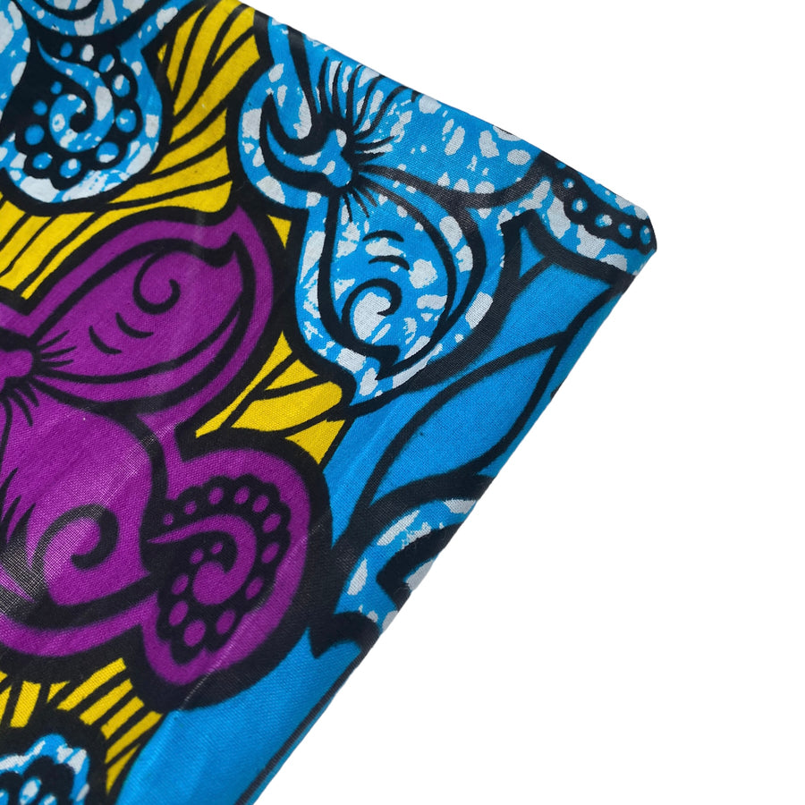 Waxed African Printed Cotton - Floral - Blue/Purple/Yellow