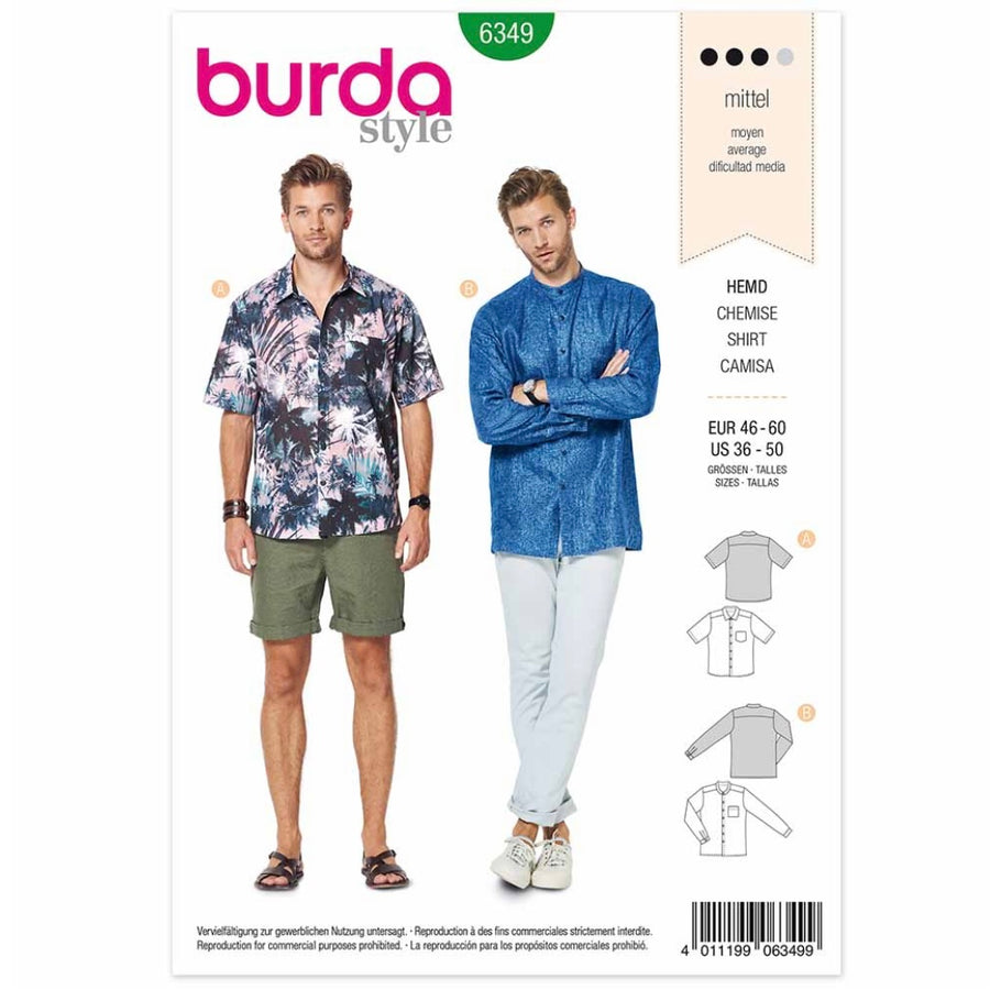 Burda Style 6349 - Men’s Shirt - Short Sleeved - Long Sleeved - Shirt with Stand Collar Sewing Pattern