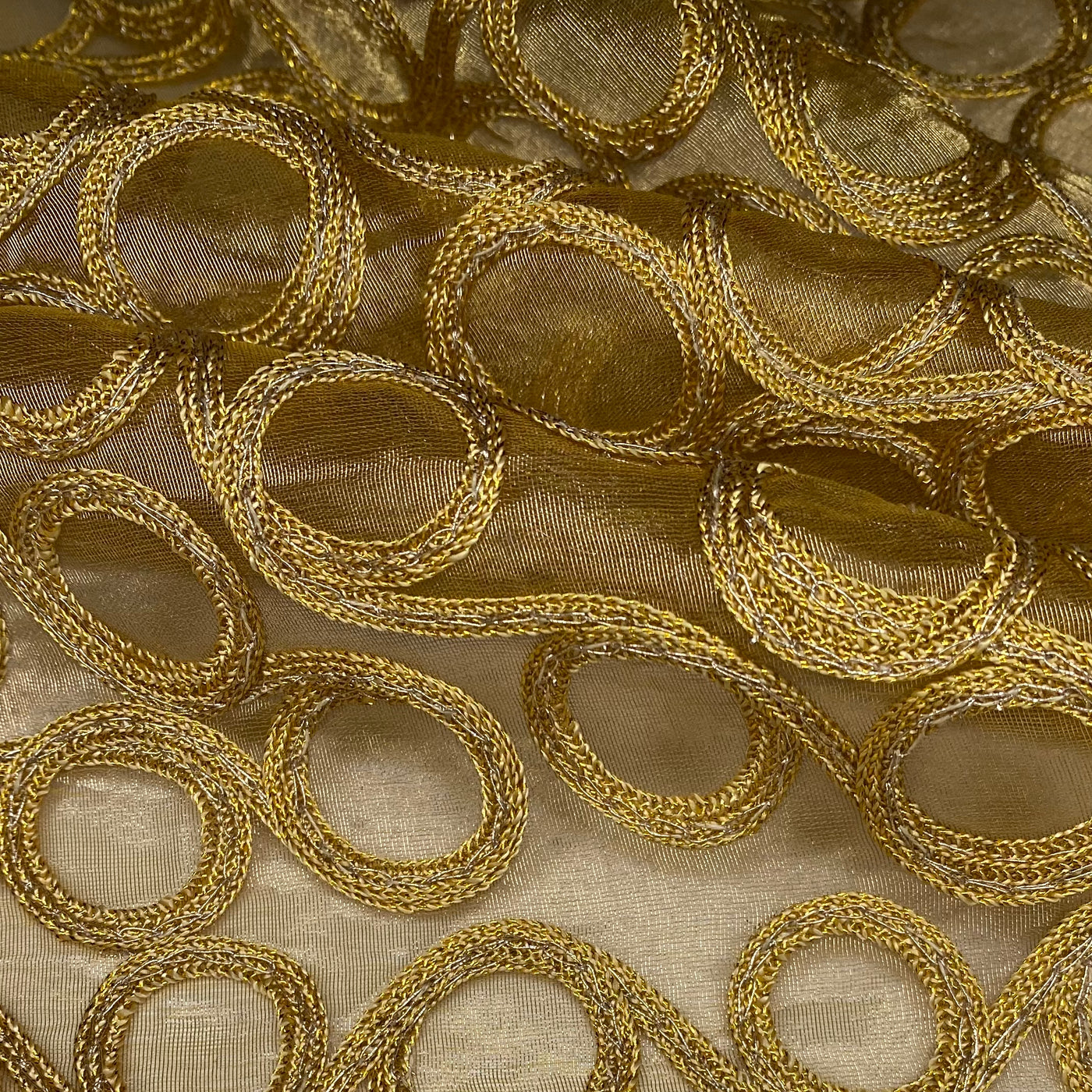 Embroidered Silk Organza - Circles - Gold