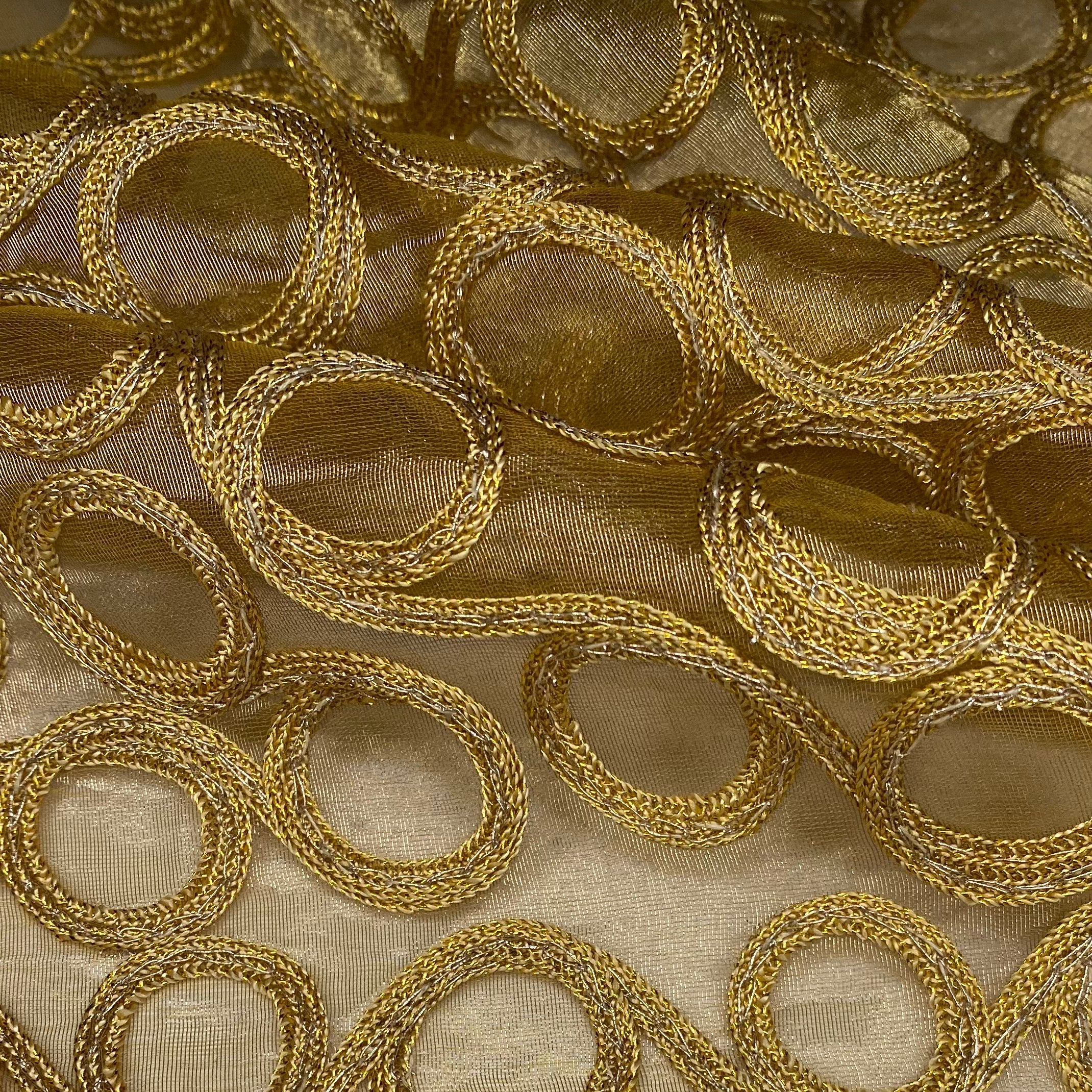 Embroidered Silk Organza - Circles - Gold