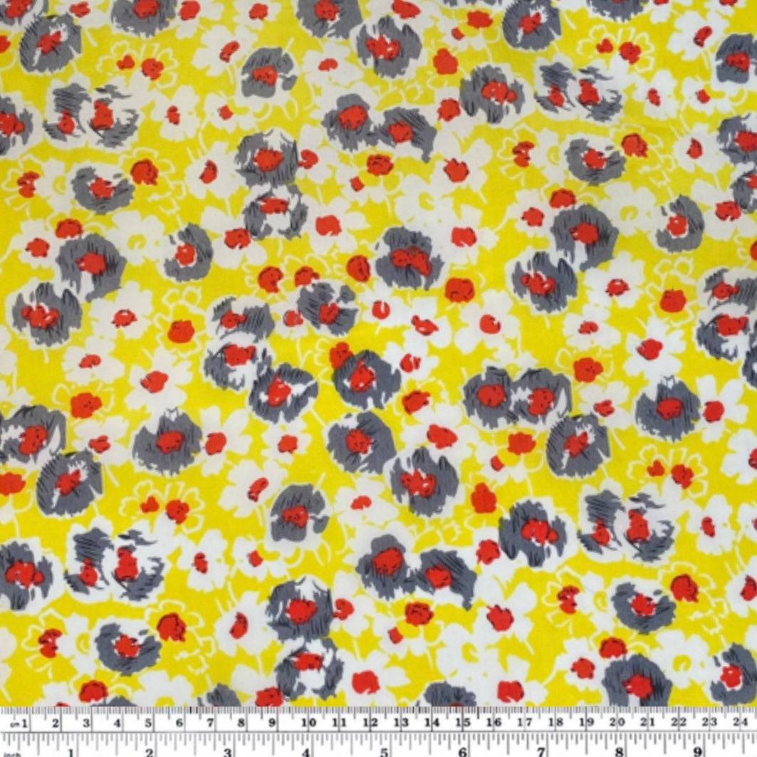 Floral Printed Polyester - 58” - Yellow/White/Grey/Red