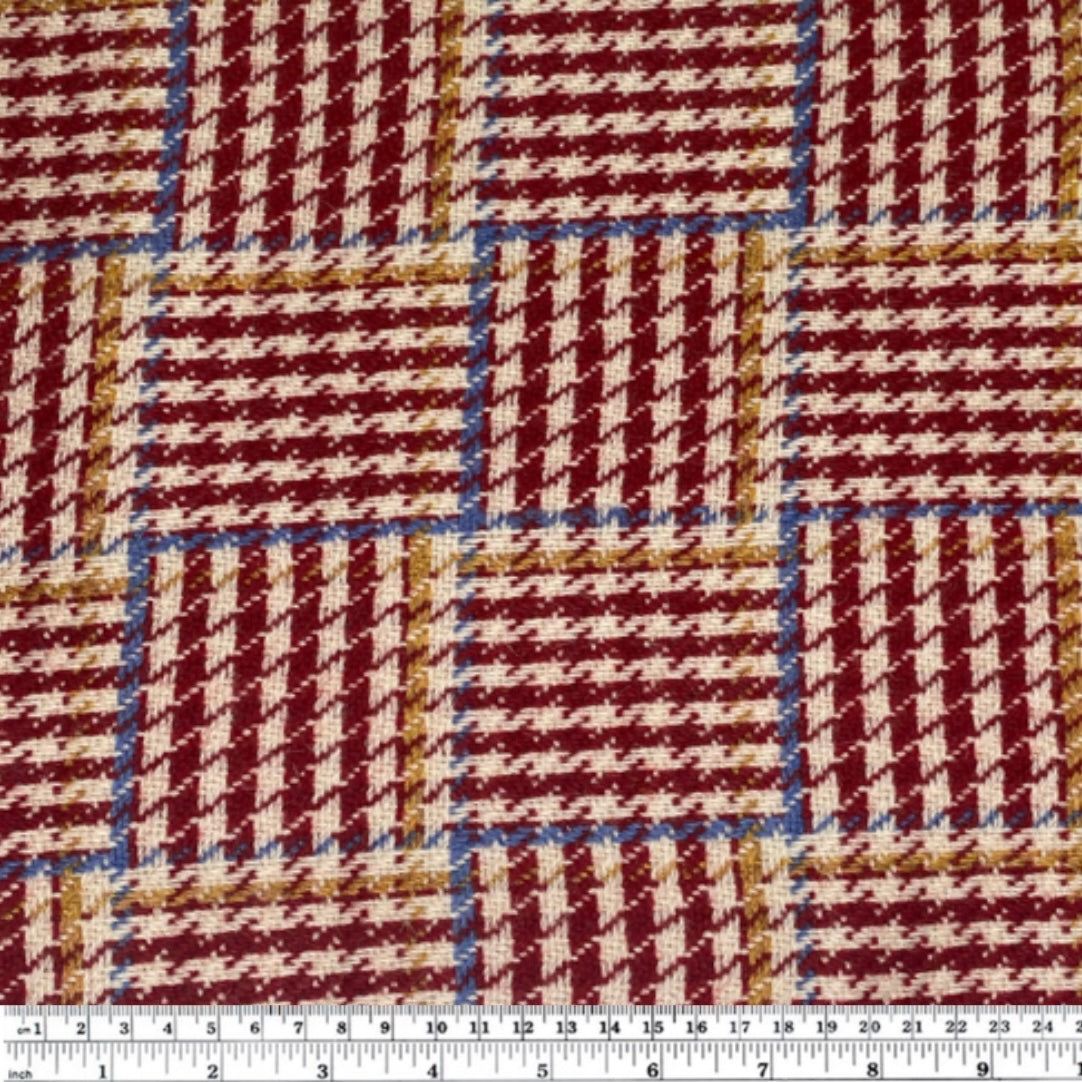 Houndstooth Plaid Wool Coating- Red/Cream/Light Blue/Yellow