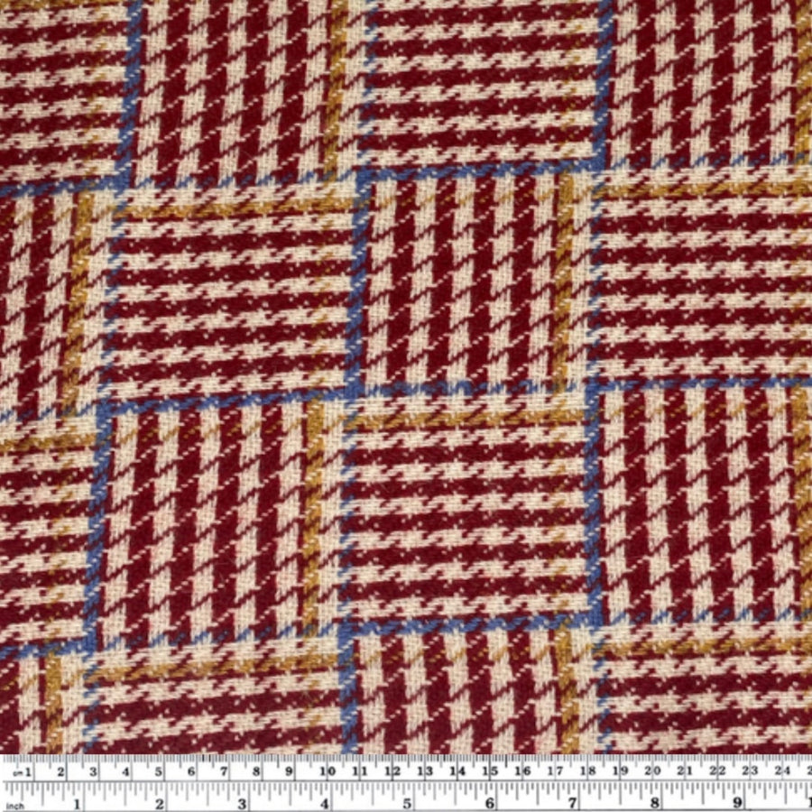 Houndstooth Plaid Wool Coating- Red/Cream/Light Blue/Yellow