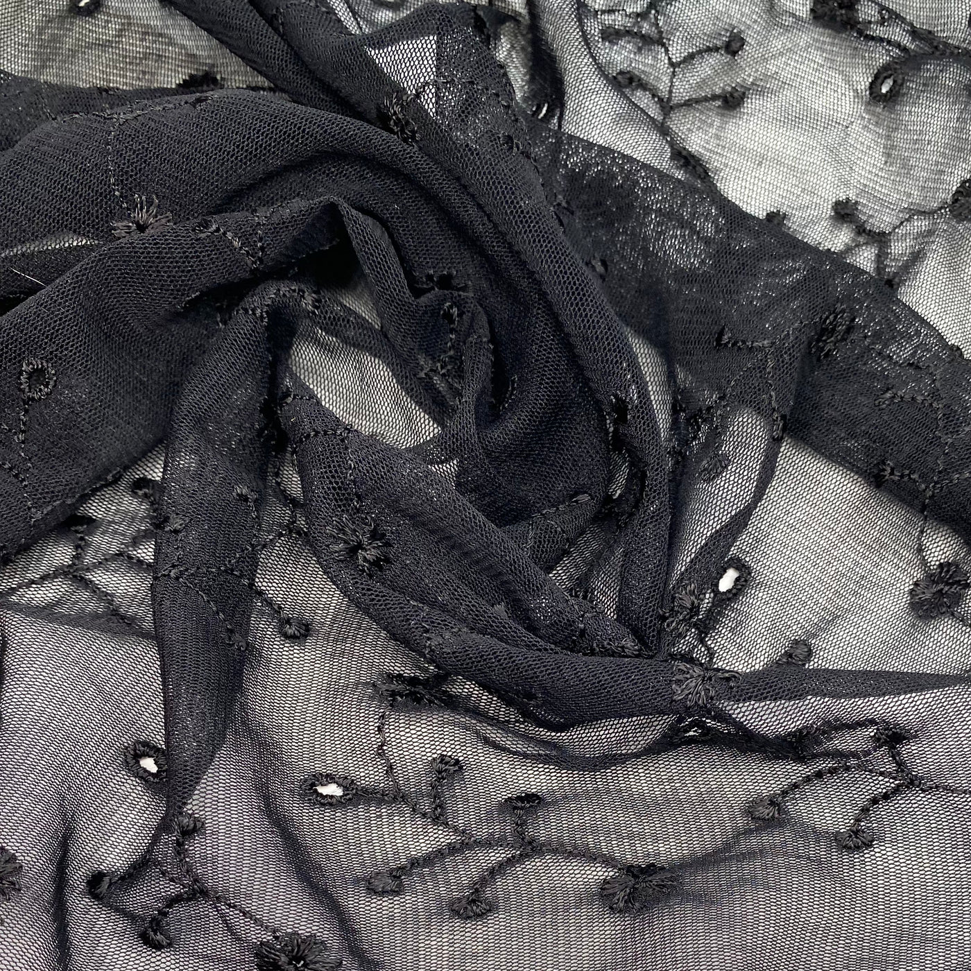 Embroidered Floral Eyelet Stretch Mesh - Black
