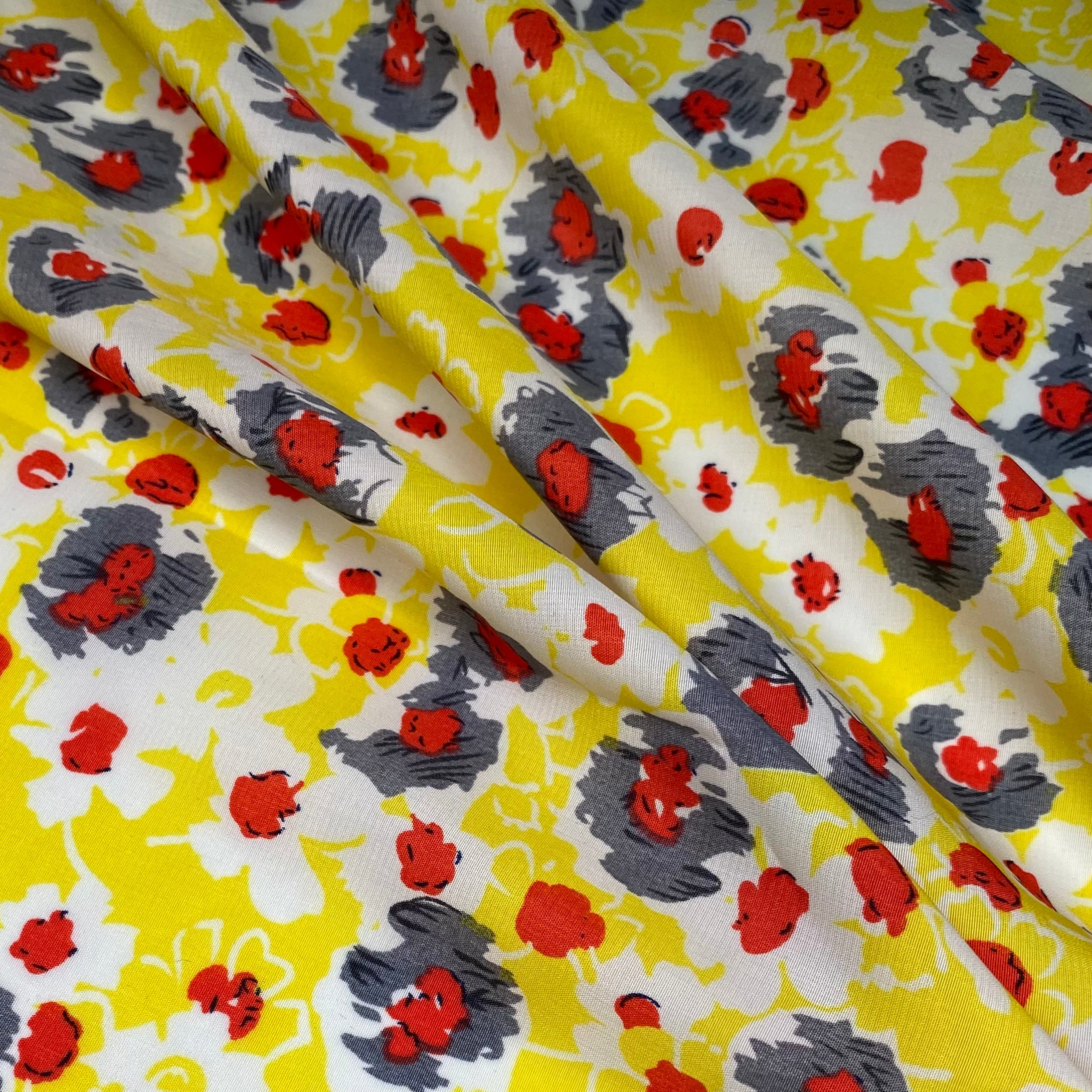 Floral Printed Polyester - 58” - Yellow/White/Grey/Red