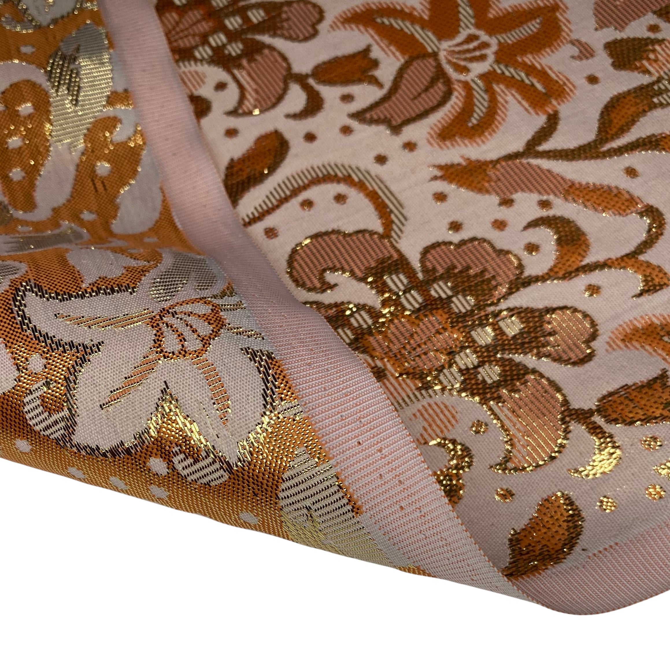 Metallic Floral Polyester Brocade - Orange/Gold