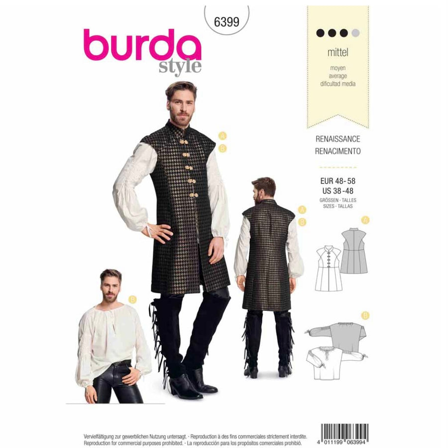 Burda Style 6399 - Renaissance - Long Vest/Waistcoat and Shirt For Men Sewing Pattern