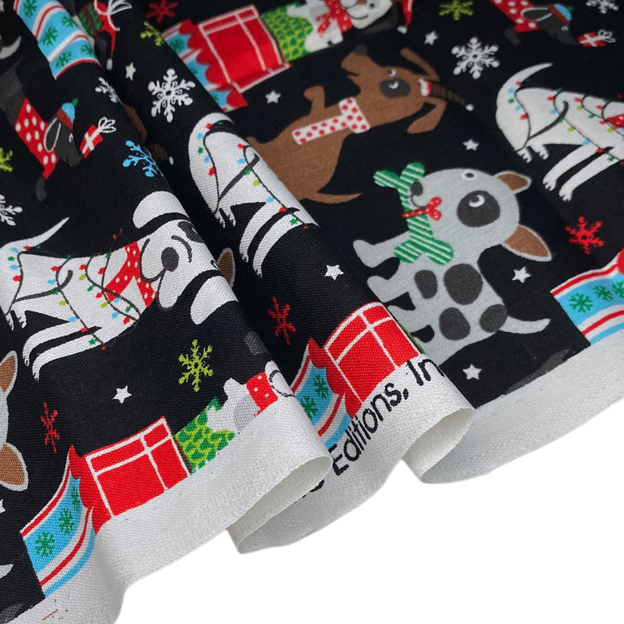 Quilting Cotton - Dogs Christmas - Black - Remnant