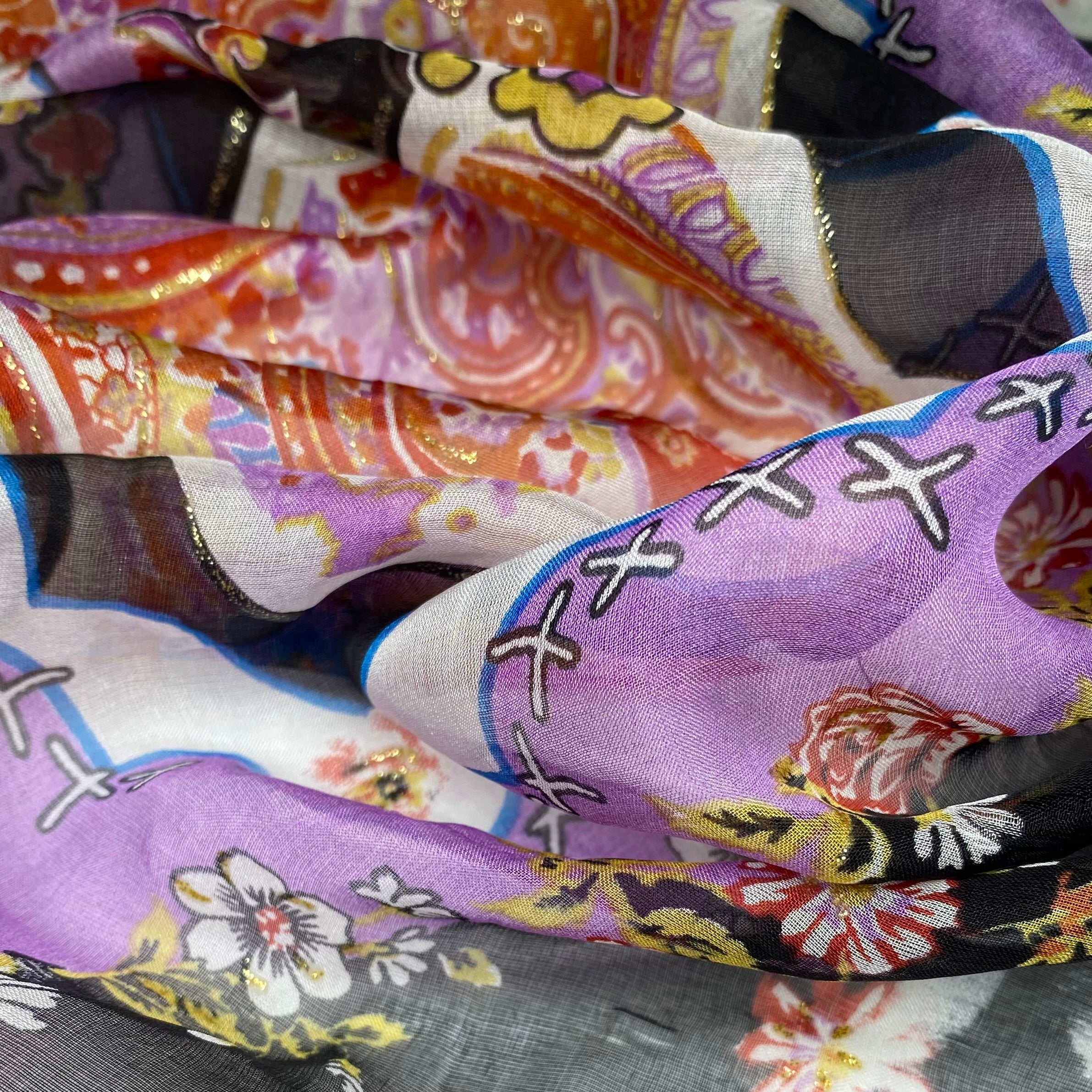 Paisley Printed Silk Chiffon - Purple/Black