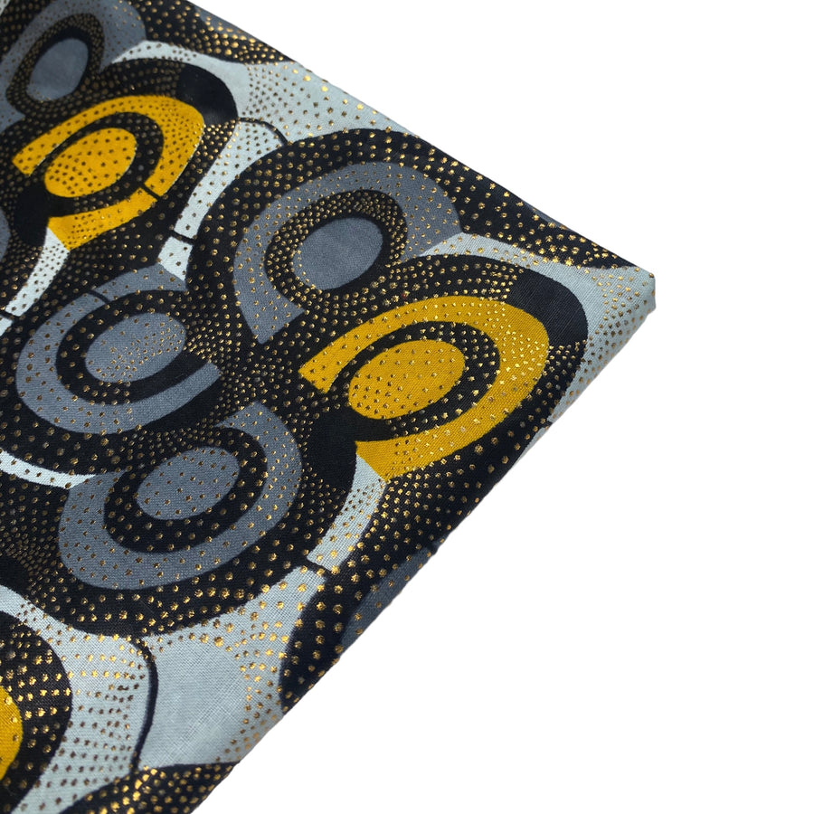 Waxed Metallic African Printed Cotton - Grey/Black/Yellow