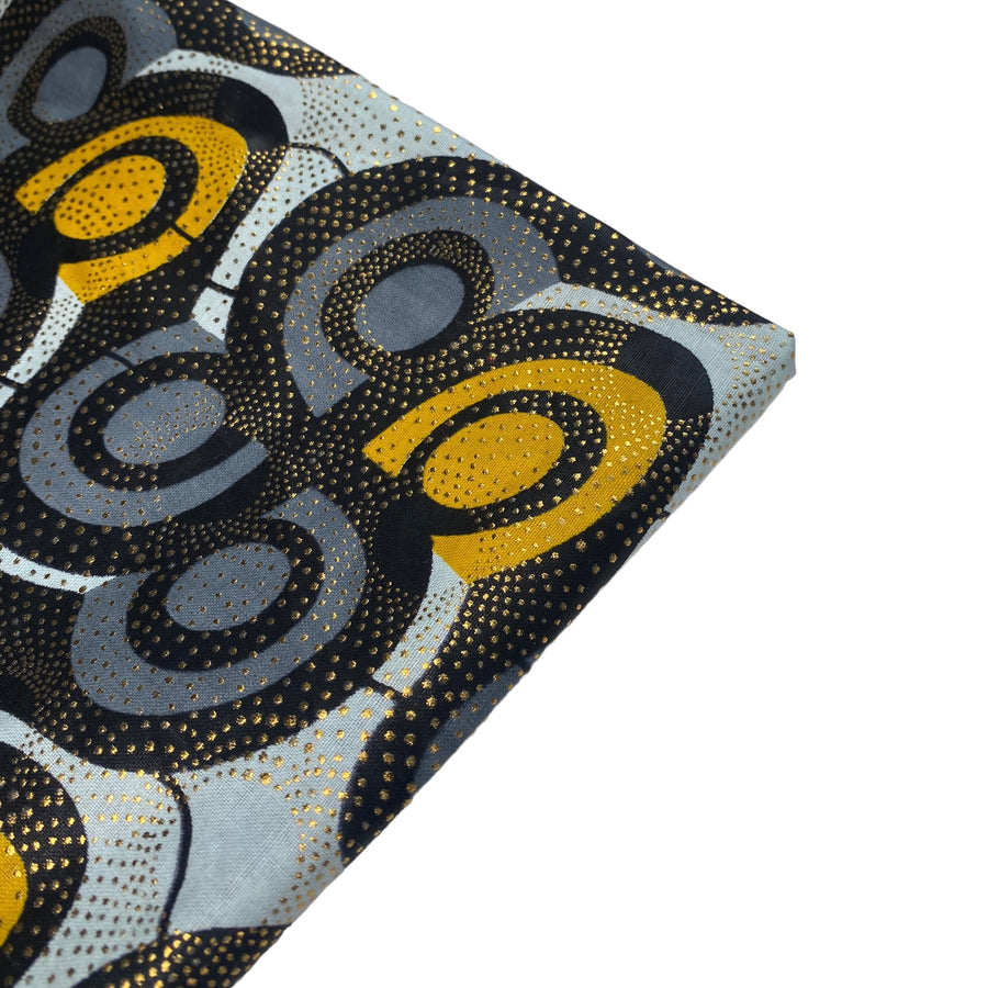 Waxed African Printed Cotton - Metallic Gold/Grey/Black/Yellow