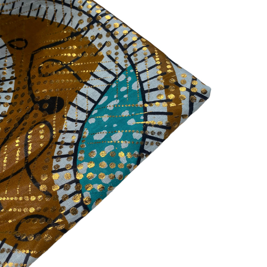 Waxed African Printed Cotton - Metallic Gold/White/Blue