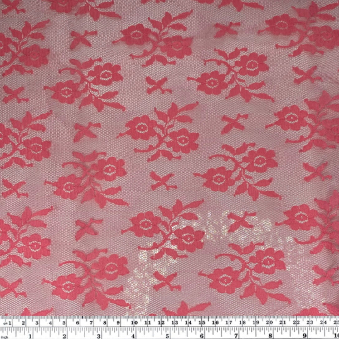 Floral Corded Lace with Scalloped Edges - Neon Pink