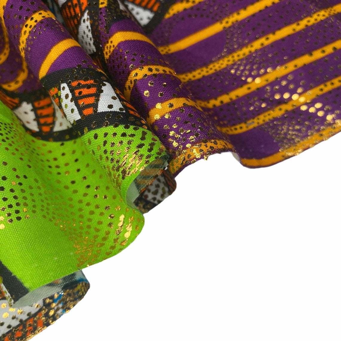 African Printed Cotton - Metallic Gold/Green/Purple