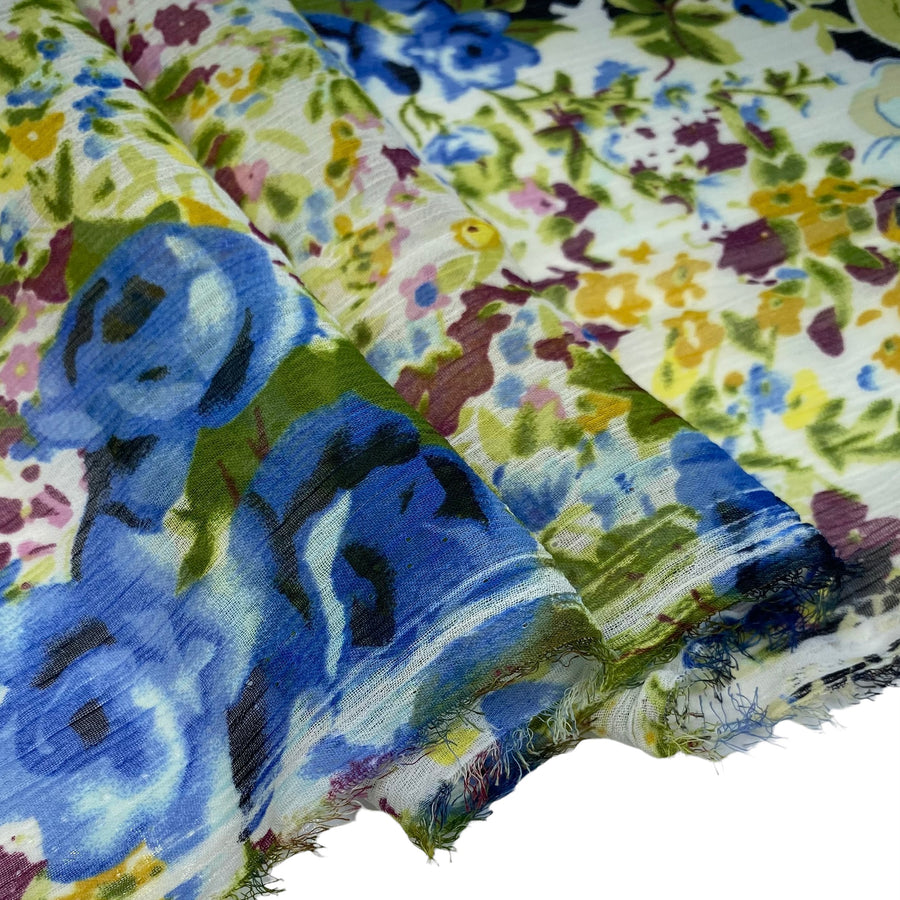Crinkled Printed Polyester Chiffon - Floral - Blue/Yellow/Black/White