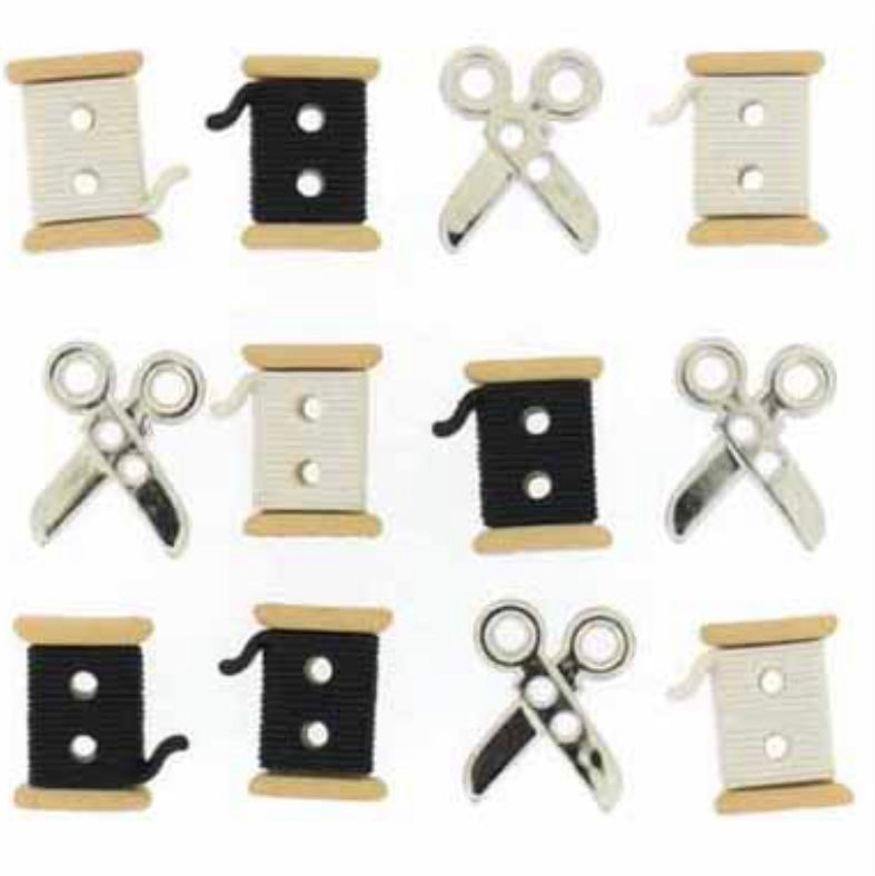 Novelty Buttons - Spools & Scissors - 12pcs