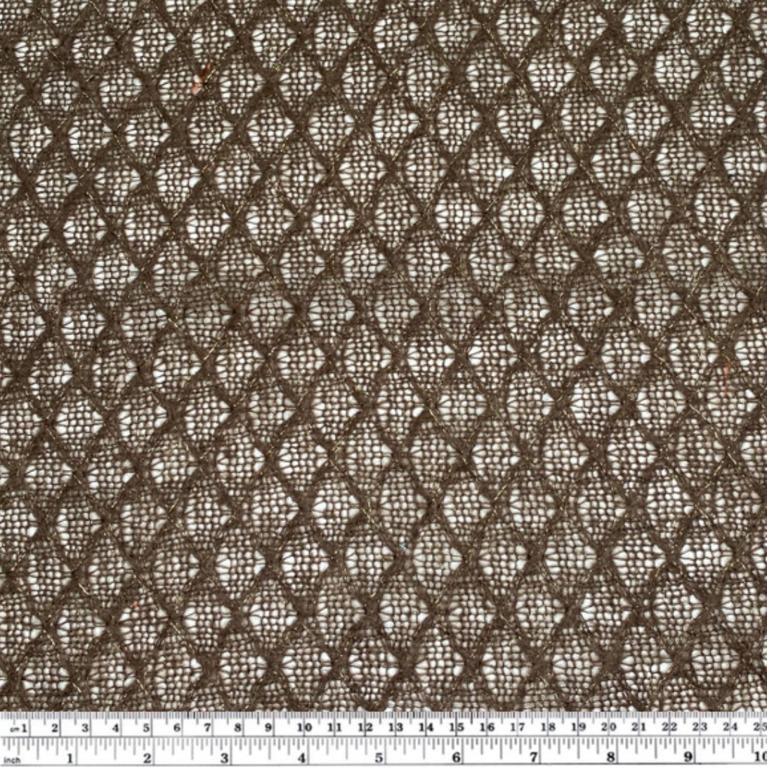 Wool Blend Open Weave Knit with Diamond Pattern - Brown/Gold