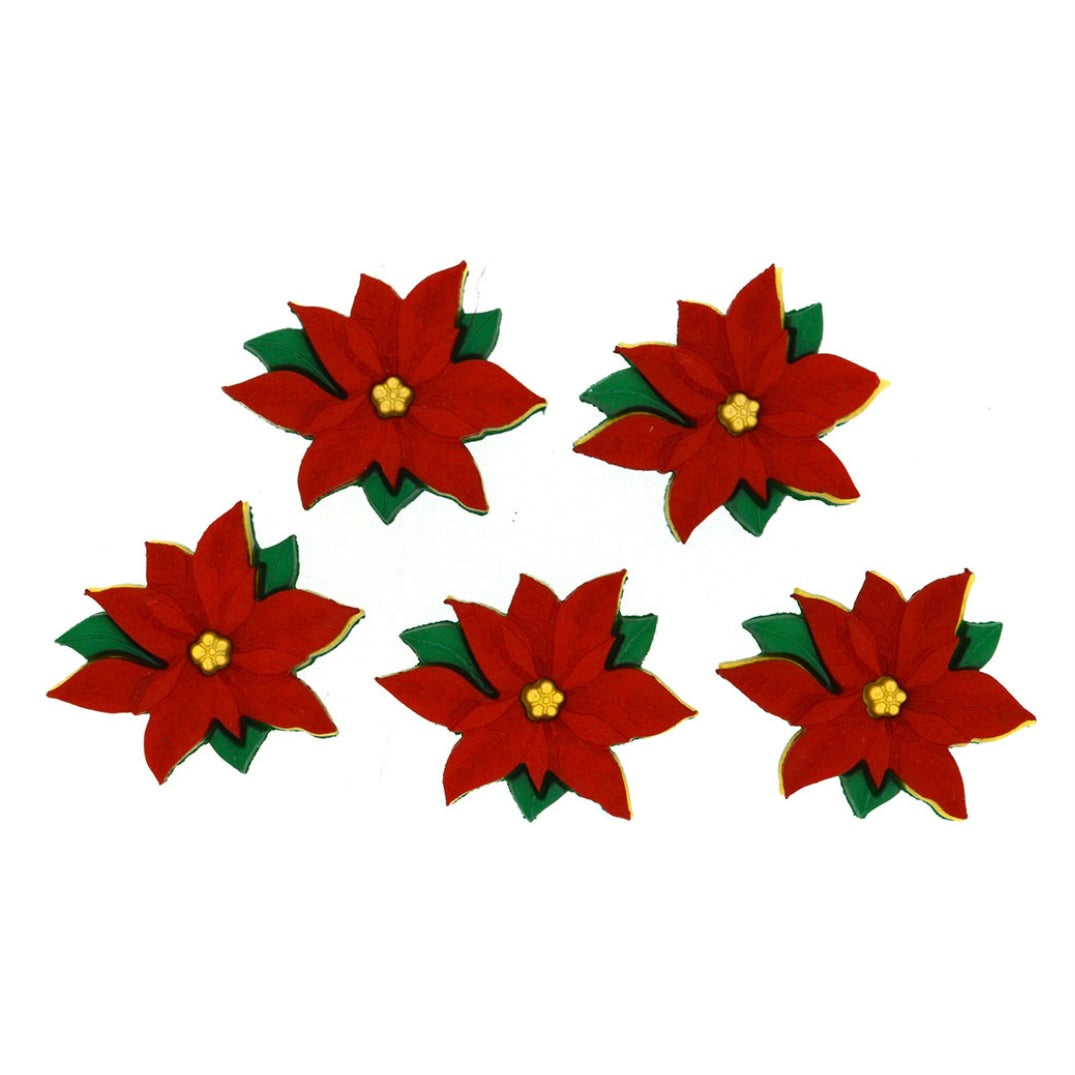 Novelty Christmas Buttons - Red Poinsettias - 5pcs