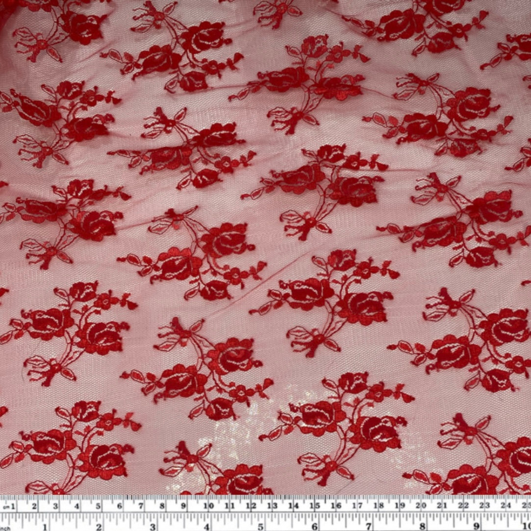Floral Embroidered Lace with Finished Edges - Red
