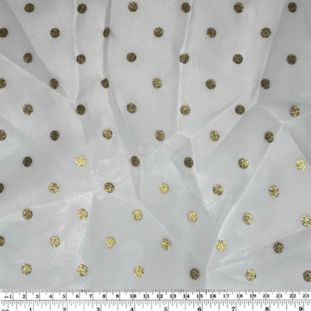 Glitter Polka Dot Polyester Organza - 59” - White/Gold
