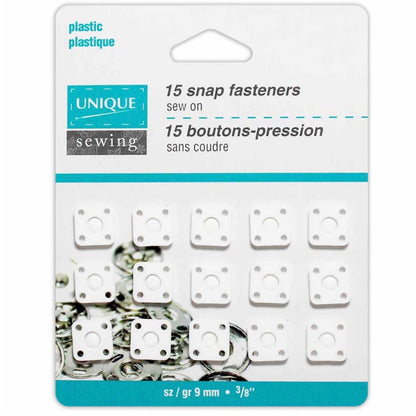 Sew On Plastic Square Snap Fasteners - 9mm (3/8”) - 15  sets - White