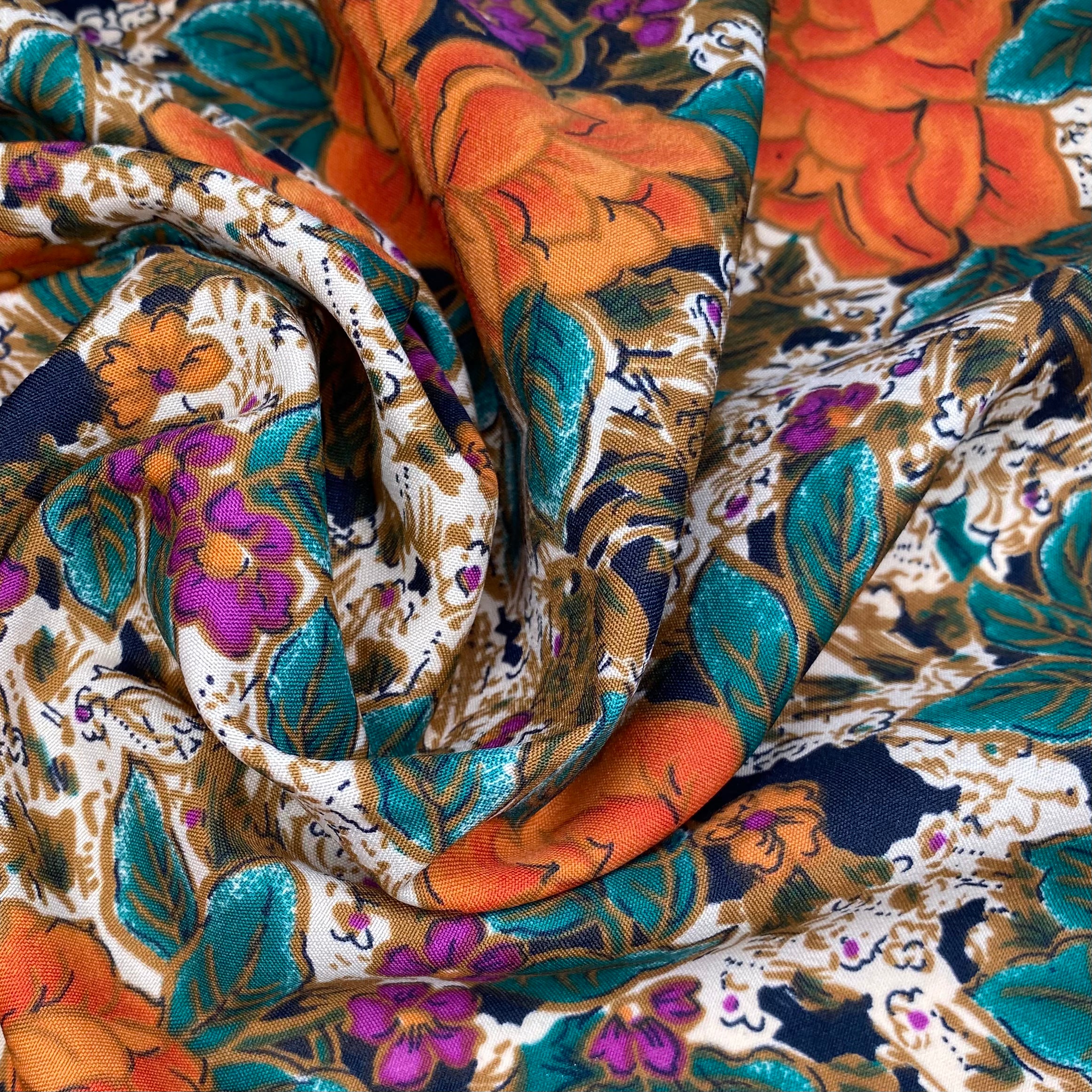 Floral Printed Polyester - 44” - Orange/Brown