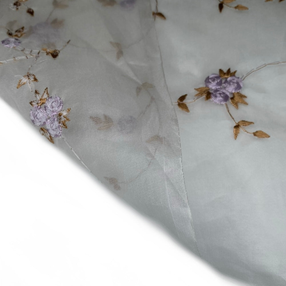Embroidered Silk Organza - 42” - Off White/Purple/Brown