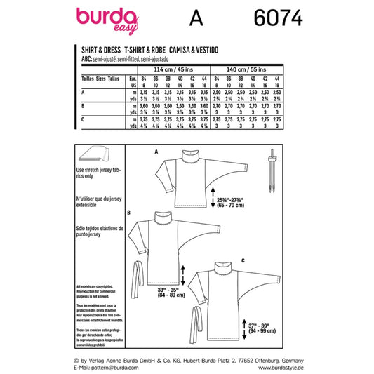 Top, Dress – with Loose Roll Neck Collar Sewing Pattern - Burda Easy 6074