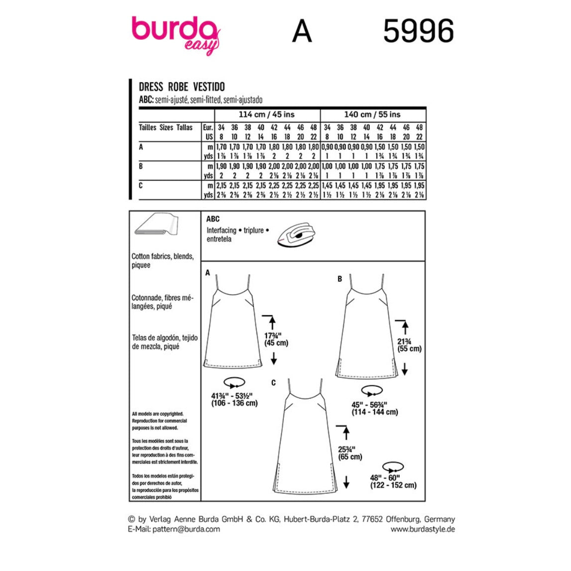 Dress Sewing Pattern - Burda Easy 5996