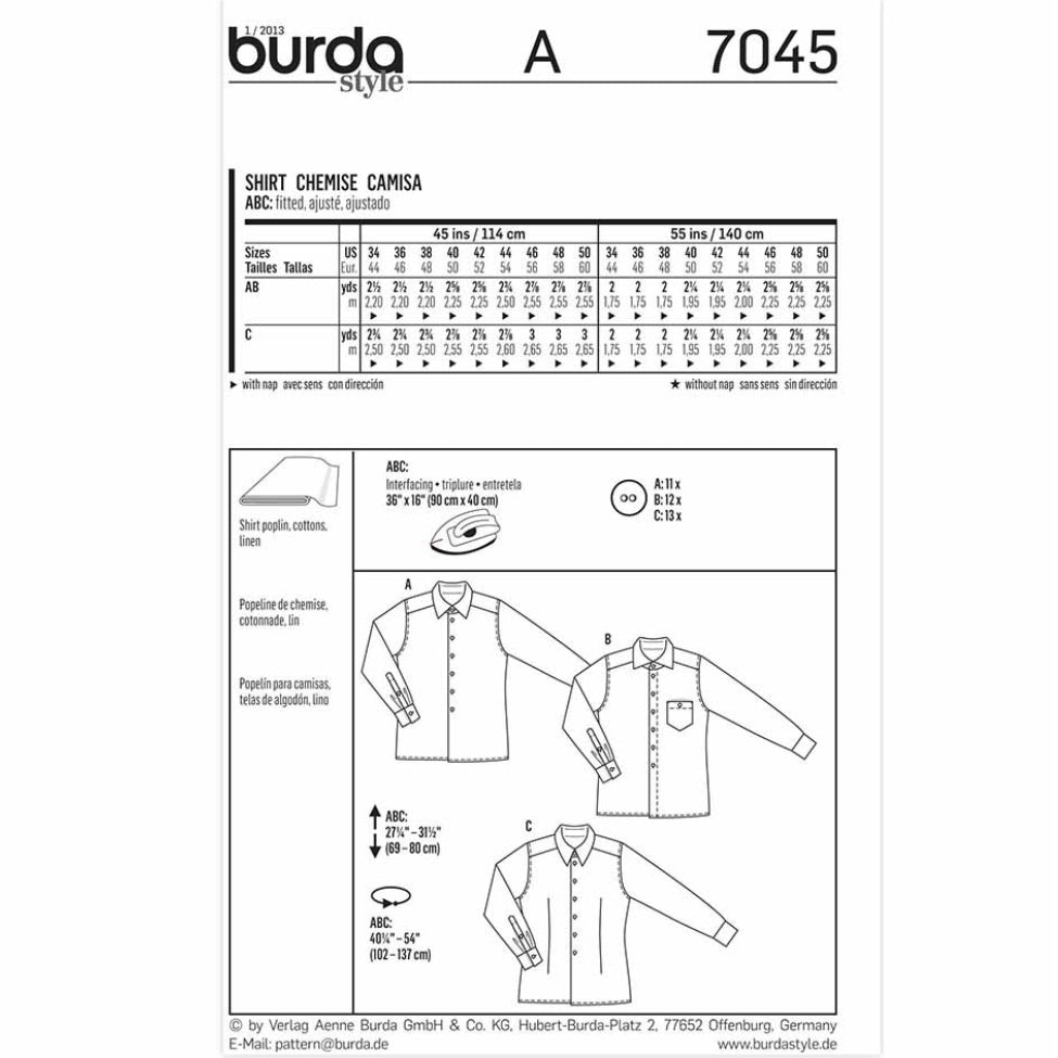 Burda Style 7045 - Shirt Sewing Pattern