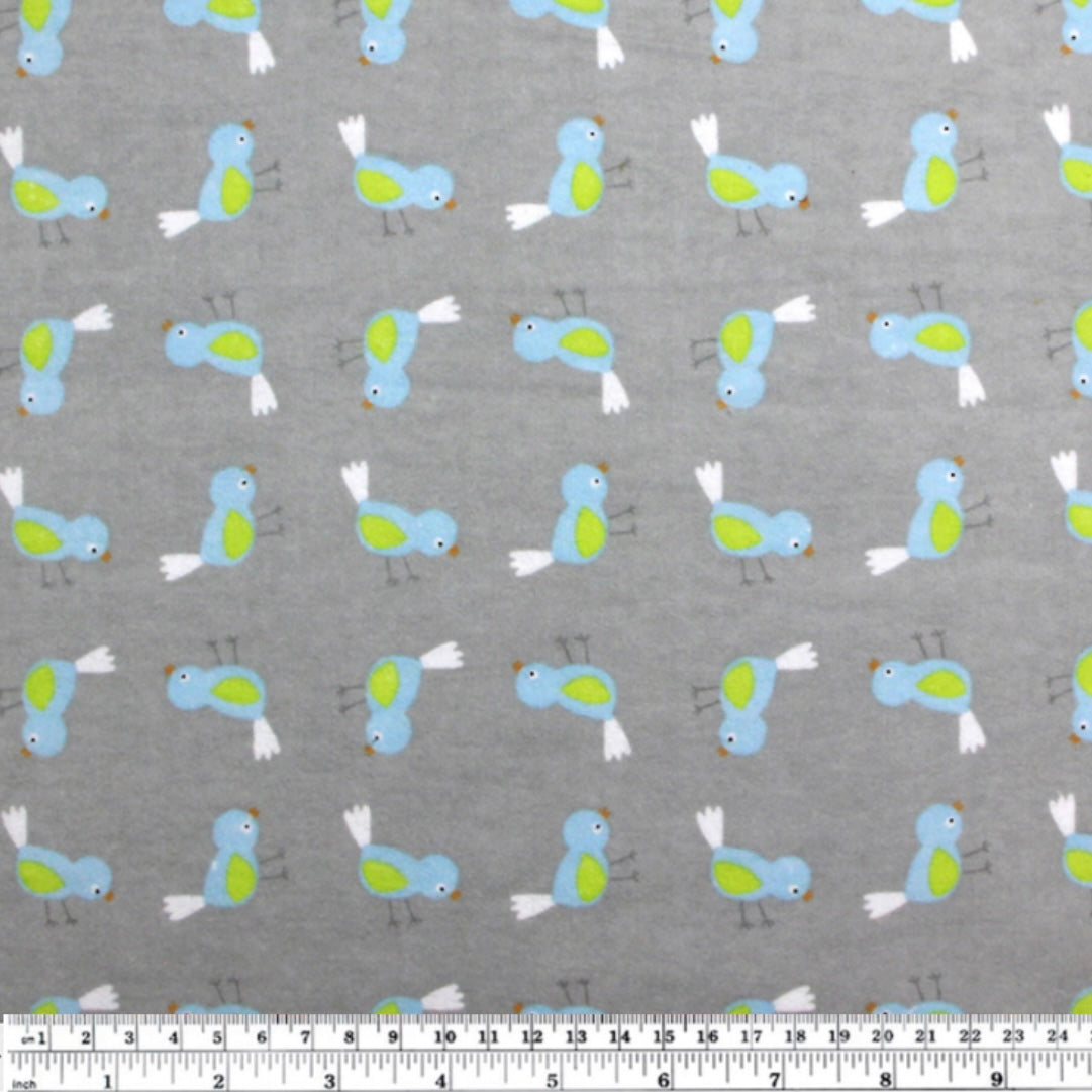 Printed Cotton Flannel - Birds - Grey