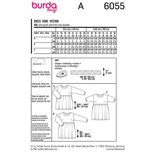 Dress with Gathered Skirt Sewing Pattern - Burda Easy 6055
