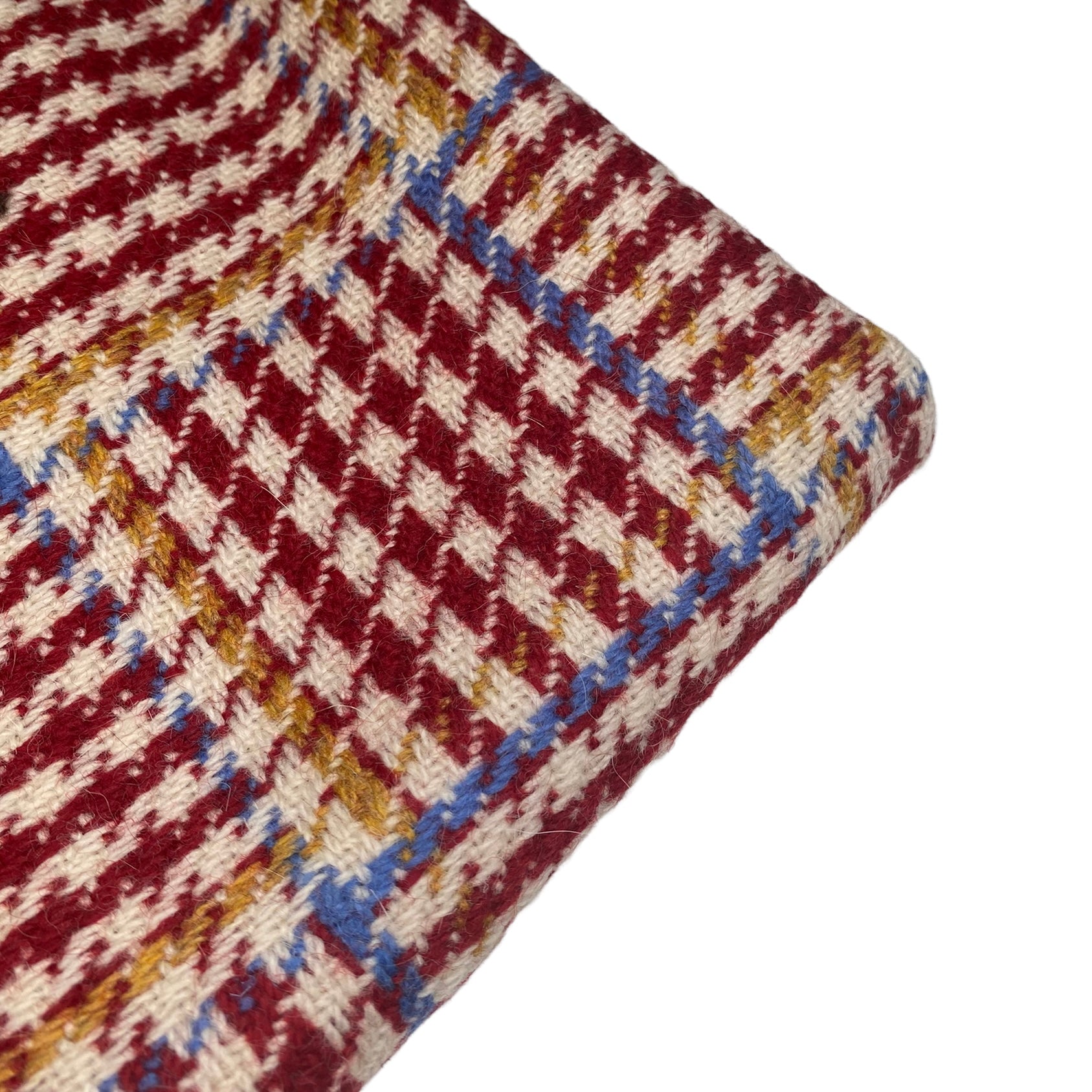 Houndstooth Plaid Wool Coating- Red/Cream/Light Blue/Yellow