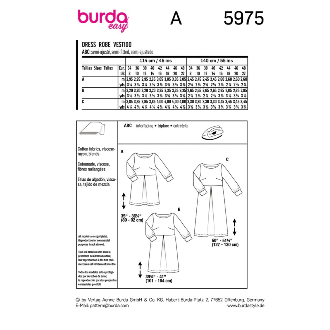 Dress with Scooped Neckline and Sleeve Bands Sewing Pattern - Burda Easy 5975